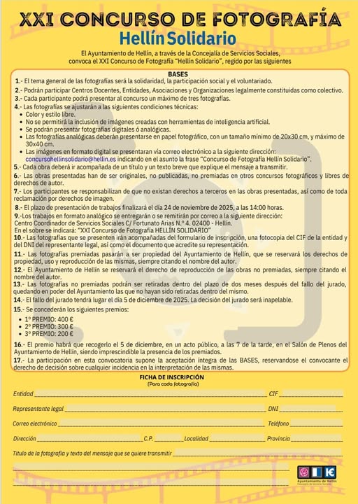 YA ESTÁ ABIERTO EL PLAZO DE PRESENTACIÓN DE FOTOGRAFÍAS PARA EL CONCURSO “HELLÍN SOLIDARIO”